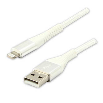 Kabel USB (2.0), USB A M- Apple Lightning C89 M, 2m, MFi certifikace, 5V/2,4A, bílý, Logo, box, nylonové opletení, hliníkový kryt