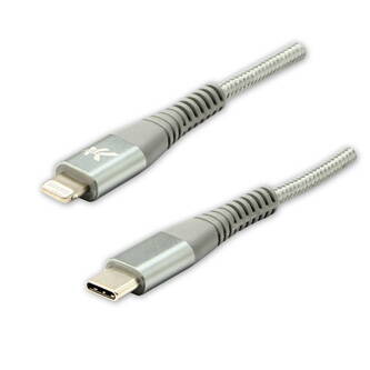 Kabel USB (2.0), USB C M- Apple Lightning C94 M, 1m, MFi certifikace, 5V/3A, stříbrný, Logo, box, nylonové opletení, hliníkový kry