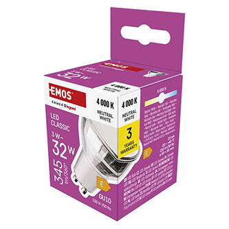 LED žárovka EMOS Lighting GU10, 230V, 3W, 345lm, 4000k, neutrální bílá, 30000h, Classic MR16 50X50X55mm