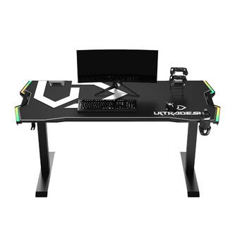 ULTRADESK Herní stůl FORCE - bílý, 166x70 cm, 76.5 cm, s XXL podložkou pod myš, držák sluchátek i nápojů, RGB podsvícení