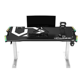 ULTRADESK Herní stůl FORCE SNOW - bílý, 166x70 cm, 76.5 cm, s XXL podložkou pod myš, držák sluchátek i nápojů, RGB podsvícení