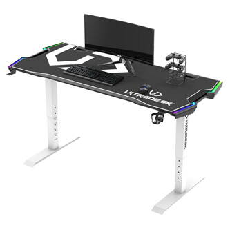 ULTRADESK Herní stůl FORCE SNOW - bílý, 166x70 cm, 76.5 cm, s XXL podložkou pod myš, držák sluchátek i nápojů, RGB podsvícení