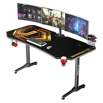 ULTRADESK Herní stůl FRAG XXL GOLD, 160 x 75 cm, 75 cm, držák nápojů a sluchátek, stojan BEAM, s celoplošnou XXL podložkou pod myš