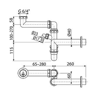 Alcadrain sifon plast dřezový, 40 mm, 65-280mm, bílý, sifon s přípojkou a převlečnou maticí 6/4"
