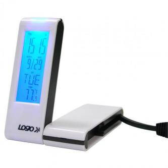 USB (2.0) hub 4-port, bílý, podsvícený, hodiny, budík, časovač