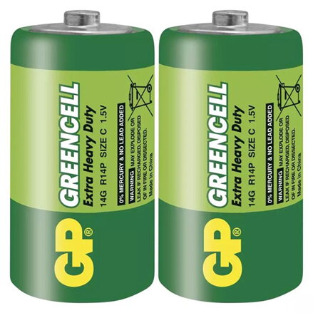 Baterie zinkochloridová, malý monočlánek, C, 1.5V, GP, fólie, 2-pack, Greencell