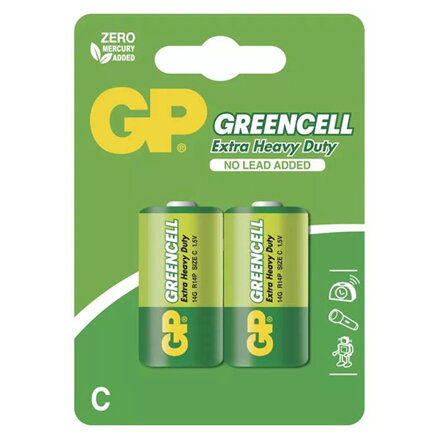 Baterie zinkochloridová, malý monočlánek, C, 1.5V, GP, blistr, 2-pack, Greencell