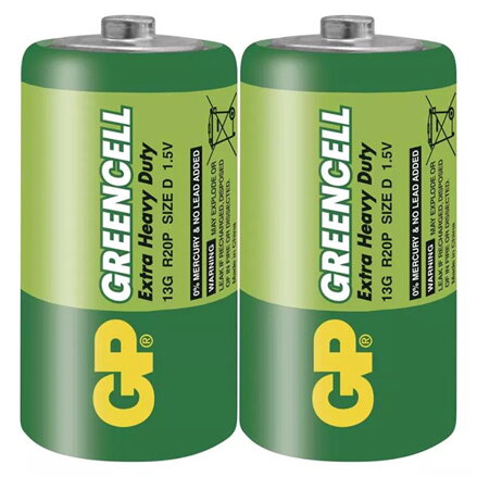 Baterie jednorázová zinkochloridová, velký monočlánek, D, 1.5V, GP, fólie, 2-pack, Greencell