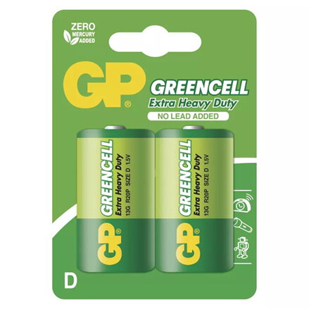 Baterie zinkochloridová, D (R20), velký monočlánek, D, 1.5V, GP, blistr, 2-pack, Greencell