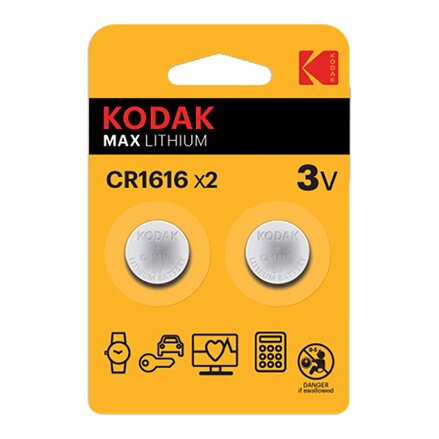Baterie jednorázová lithiová, knoflíková, CR1616, 3V, Kodak, blistr, 2-pack, KOD-1616BL2, knoflíková