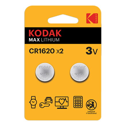 Baterie jednorázová lithiová, knoflíková, CR1620, 3V, Kodak, blistr, 2-pack, KOD-1620BL2, knoflíková