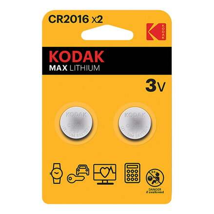 Baterie jednorázová lithiová, knoflíková, CR2016, 3V, Kodak, blistr, 2-pack, KOD-2016, knoflíková