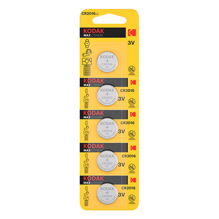 Baterie jednorázová lithiová, knoflíková, CR2016, 3V, Kodak, blistr, 5-pack, KOD-2016BL5, knoflíková