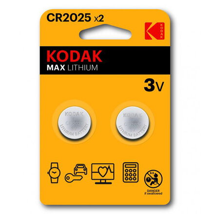 Baterie jednorázová lithiová, knoflíková, CR2025, 3V, Kodak, blistr, 2-pack, KOD-2025, knoflíková