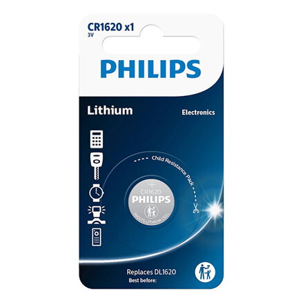 Baterie lithiová, CR1620, CR1620, 3V, PHILIPS, blistr, 1-pack, CR1620/00B, knoflíková, 70 mAh