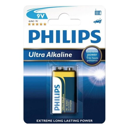 Baterie alkalická, 9V (6LR61), 6LR61, 9V, PHILIPS, blistr, 4-pack, 6LR61E1B/10, Ultra Alkaline