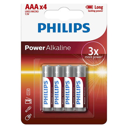 Baterie alkalická, AAA (LR03), AAA, 1.5V, PHILIPS, blistr, 4-pack, LR03P4B/10, Power Alkaline