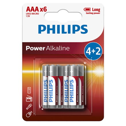 Baterie alkalická, AA (LR6), AA, 1.5V, PHILIPS, blistr, 6-pack, LR6P6BP/10, Power Alkaline, 4+2