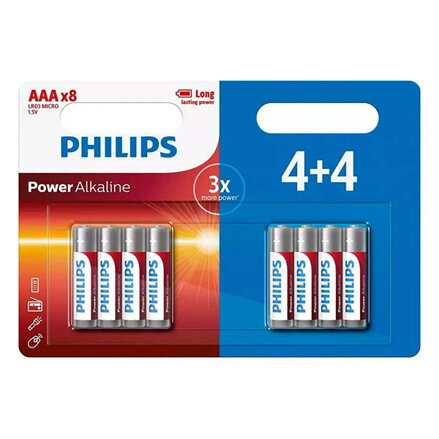 Baterie alkalická, AAA (LR03), AAA, 1.5V, PHILIPS, blistr, 8-pack, LR03P8BP/10, Power Alkaline, 4+4