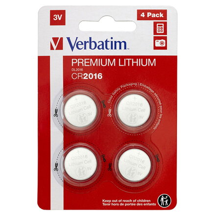 Baterie lithiová, knoflíková, CR2016, 3V, Verbatim, blistr, 4-pack, 49531