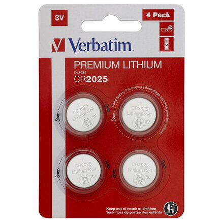 Baterie lithiová, knoflíková, CR2025, 3V, Verbatim, blistr, 4-pack, 49532
