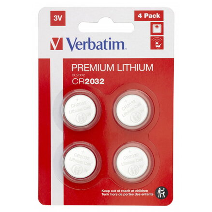Baterie lithiová, knoflíková, CR2032, 3V, Verbatim, blistr, 4-pack, 49533