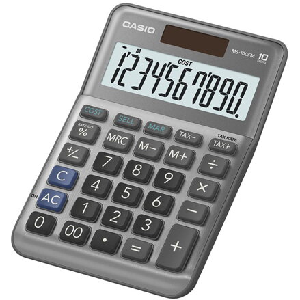 Casio Kalkulačka MS 100 FM, stříbrná, stolní s převodem měn, výpočtem marže, DPH, %