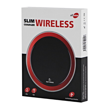 All New, Bezdrátová nabíječka, ultra tenká, pro telefon, červená, 5/9V, 10W, ochrana proti přehřátí, Qi