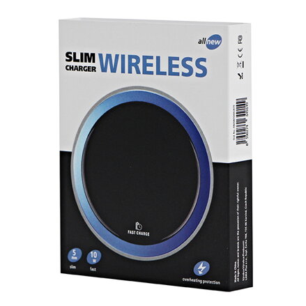 All New, Bezdrátová nabíječka, ultra tenká, pro telefon, modrá, 5/9V, 10W, ochrana proti přehřátí, Qi