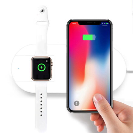 2v1 bezdrátová nabíječka, pro telefon a Apple Watch, bílá, 5V, 10W, Qi