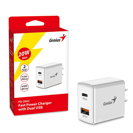 Genius Síťový adaptér 20W, 2 porty, USB-C, USB-A, PD-20AC
