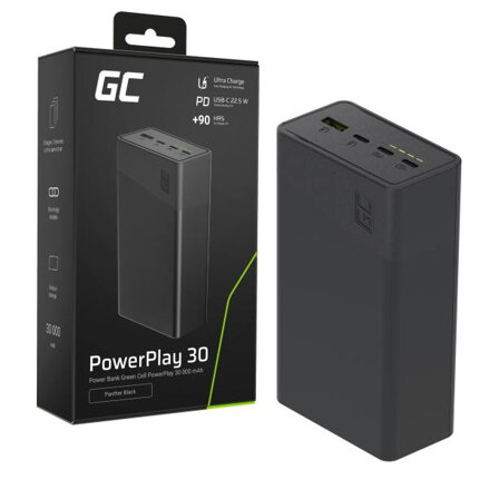 Greencell PowerPlay 30 - černá barva powerbanka s 30, 000mAh, 22.5W, 4 ports