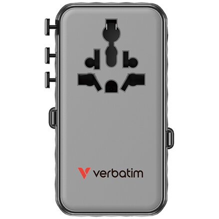 Verbatim, Cestovní adaptér univerzální Charge ,n, Travel 1x USB-C, 1X USB-A + 2x integrovaný kabel USB-C, černá, 70 W