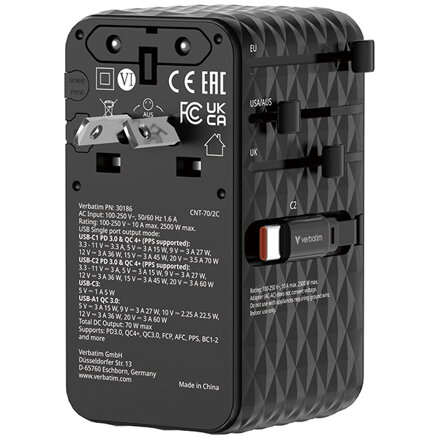 Verbatim, Cestovní adaptér univerzální Charge ,n, Travel 1x USB-C, 1X USB-A + 2x integrovaný kabel USB-C, černá, 70 W