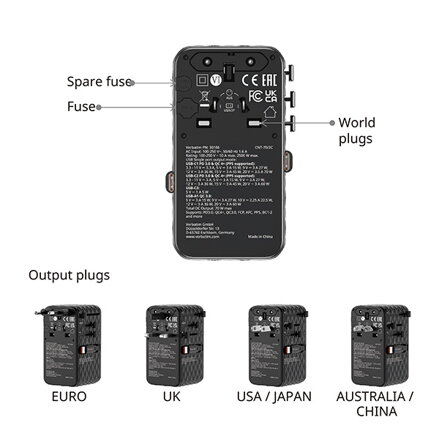 Verbatim, Cestovní adaptér univerzální Charge ,n, Travel 1x USB-C, 1X USB-A + 2x integrovaný kabel USB-C, černá, 70 W