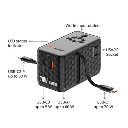 Verbatim, Cestovní adaptér univerzální Charge ,n, Travel 1x USB-C, 1X USB-A + 2x integrovaný kabel USB-C, černá, 70 W