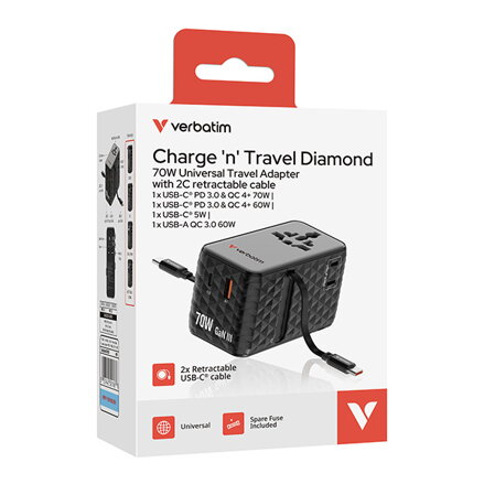 Verbatim, Cestovní adaptér univerzální Charge ,n, Travel 1x USB-C, 1X USB-A + 2x integrovaný kabel USB-C, černá, 70 W