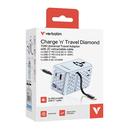 Verbatim, Cestovní adaptér univerzální Charge n Travel 1x USB-C, 1X USB-A + 2x integrovaný kabel USB-C, modrá, 70 W Verbatim, Cestovní adaptér univerzální Charge n Travel 1x USB-C, 1X USB-A + 2x integrovaný kabel USB-C, modrá, 70 W