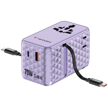 Verbatim, Cestovní adaptér univerzální Charge ,n, Travel 1x USB-C, 1X USB-A + 2x integrovaný kabel USB-C, fialová, 70 W