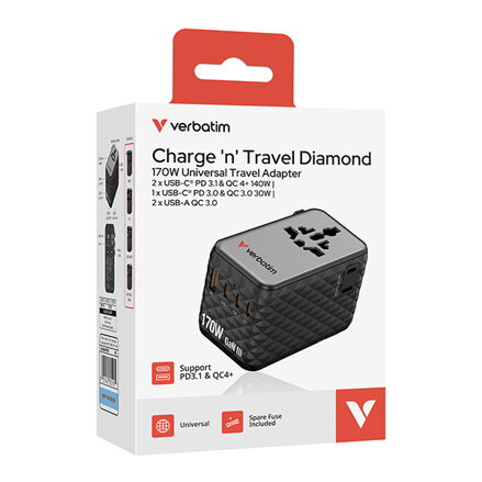 Verbatim, Cestovní adaptér univerzální Charge ,n, Travel 2x USB-C, 2X USB-A + 1x integrovaný kabel USB-C, černá, 170 W