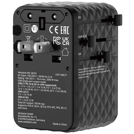 Verbatim, Cestovní adaptér univerzální Charge ,n, Travel 2x USB-C, 2X USB-A + 1x integrovaný kabel USB-C, černá, 100 W