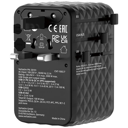 Verbatim, Cestovní adaptér univerzální Charge ,n, Travel 2x USB-C, 2X USB-A + 1x integrovaný kabel USB-C, černá, 100 W