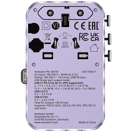 Verbatim, Cestovní adaptér univerzální Charge ,n, Travel 2x USB-C, 2X USB-A + 1x integrovaný kabel USB-C, fialová, 100 W