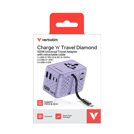 Verbatim, Cestovní adaptér univerzální Charge ,n, Travel 2x USB-C, 2X USB-A + 1x integrovaný kabel USB-C, fialová, 100 W
