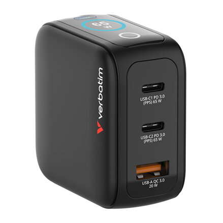 Verbatim, Miniaturní nabíječka GaN s displejem 2 x USB-C / 1 x USB-A, černá, 65W, Vyměnitelné zástrčky (EU, UK, US)