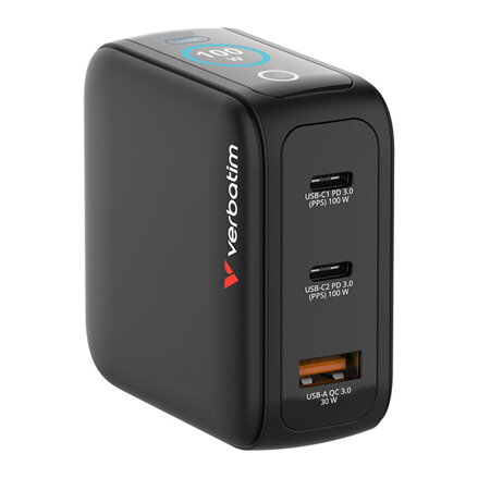 Verbatim, Miniaturní nabíječka GaN s displejem 2 x USB-C / 1 x USB-A, černá, 100 W, Vestavěná ochrana proti nadproudu