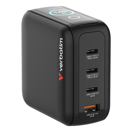 Verbatim, Miniaturní nabíječka GaN s displejem 3 x USB-C / 1 x USB-A, černá, 140 W, Vyměnitelné EU, UK, a americké zástrčky