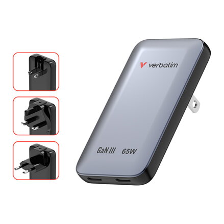 Nabíječka Essentials Slim, GaN nabíječka do sítě USB-C1 PD 3.0 , USB-C2 PD 3.0, šedá, 65W