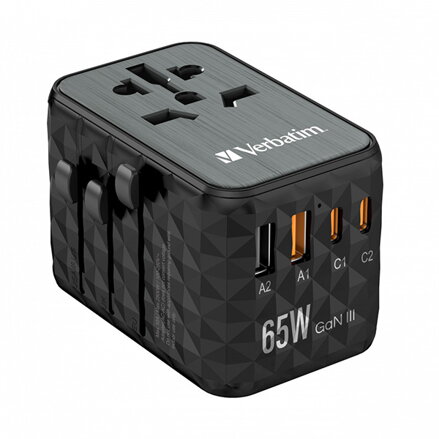 Verbatim, Cestovní adaptér univerzální World-to-World UTA-05 2x USB-C PD, QC 4+ a 2x USB-A, černá, 65 W