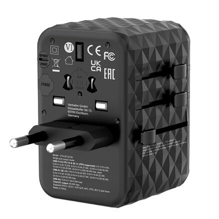 Verbatim, Cestovní adaptér univerzální World-to-World UTA-05 2x USB-C PD, QC 4+ a 2x USB-A, černá, 65 W